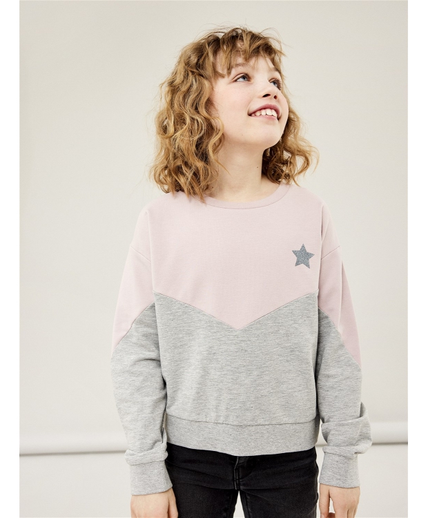 Name It NKFVIBBA LS Short Boxy Sweat UNB i grå og rose til piger