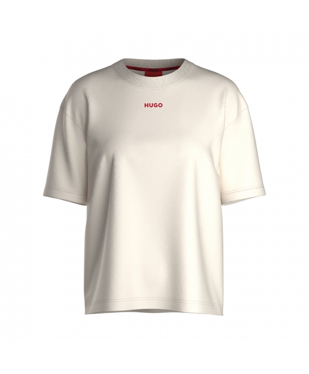 Se HUGO shuffle t-shirt i beige med hvidt logo til kvinder hos Sokkeposten.dk