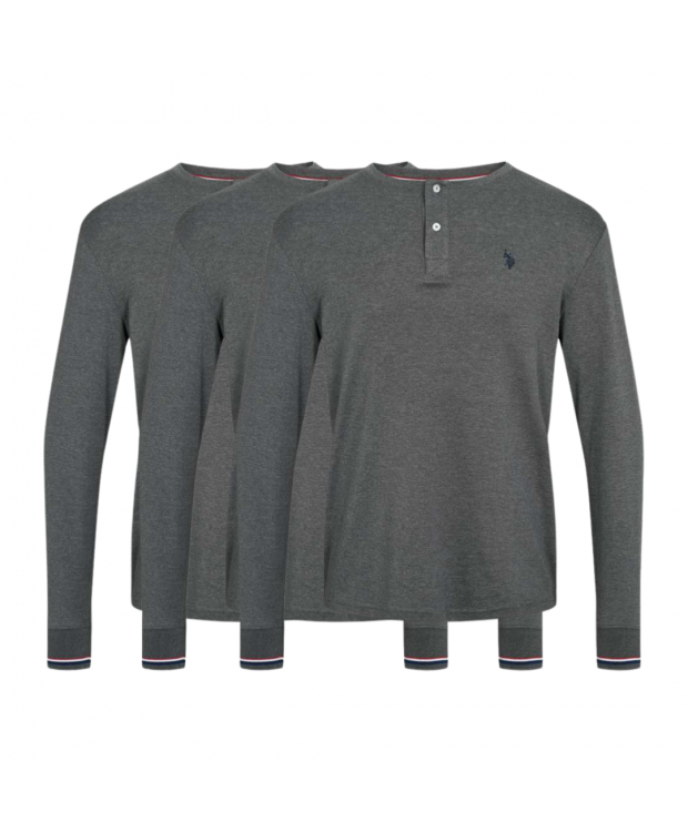 U.S POLO ASSN 3pak langærmet t-shirt m. knapper i grå til herre | Regular fit |