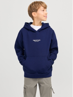 Jack & Jones Junior hoodie i Ocean navy med tekst print til drenge