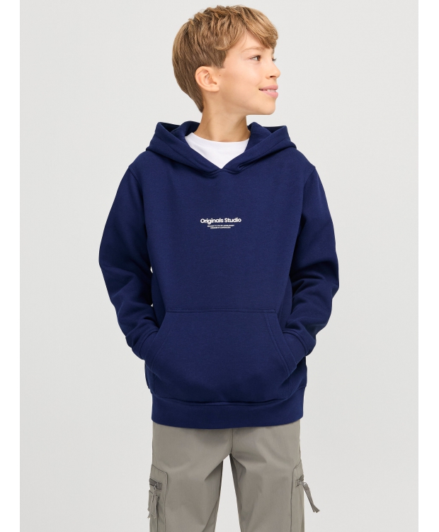 Jack & Jones Junior hoodie i Ocean navy med tekst print til drenge