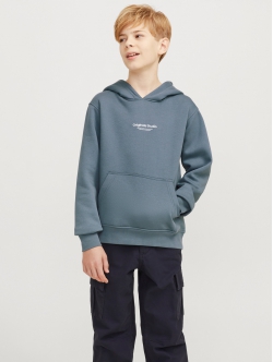 Jack & Jones Junior hoodie i Stormy blå med tekst print til drenge