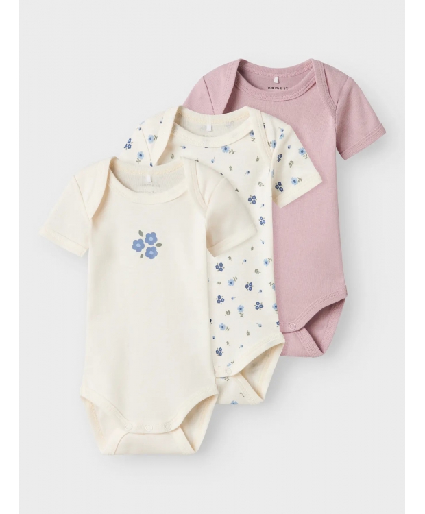 Name It 3pak Bodystocking i lyserød og hvid med blomster til baby