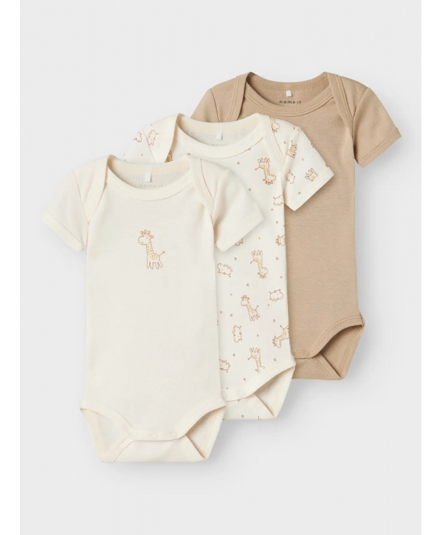 Name It 3pak Bodystocking i beige og hvid med giraffer til baby