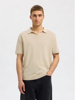 Selected strikket pullover polo i beige til herre.