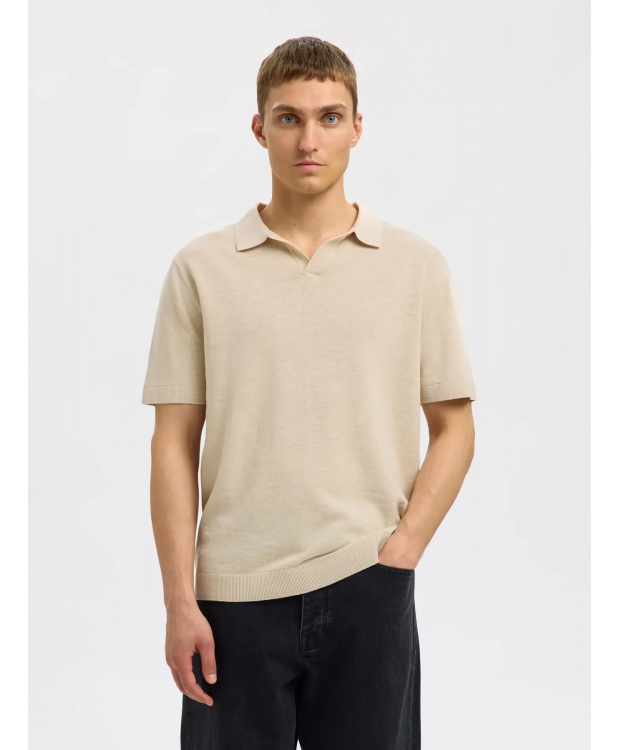 Selected strikket pullover polo i beige til herre.