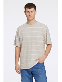 Lindbergh O-neck T-Shirt Towel Striped I beige til herre