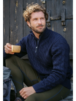 Dovre Knitted Zip Pullover i Navy Unisex