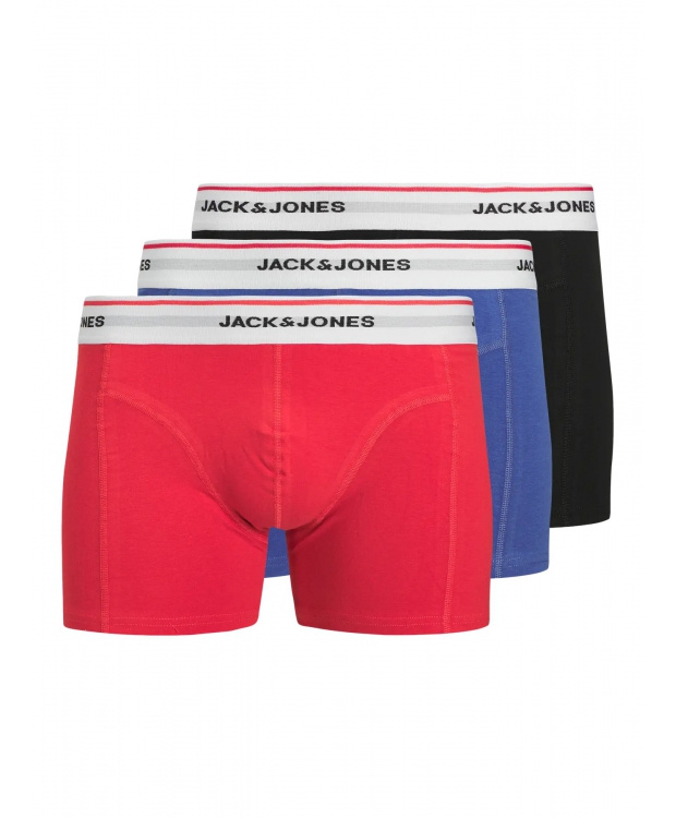 Jack & Jones 3pak trunks i rød, sort og blå med farvet elastik til herre