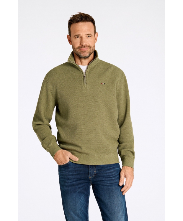 Sweatshirt med halv lynlås og vaffelstruktur i olivengrøn