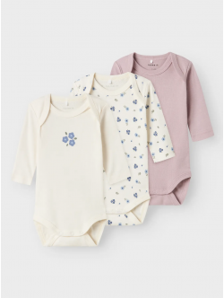 Name It Baby 3-pak langærmede bodystockings med blomsterprint til piger – str. 50, 56, 62, 68, 74, 80, 86, 92 og 98