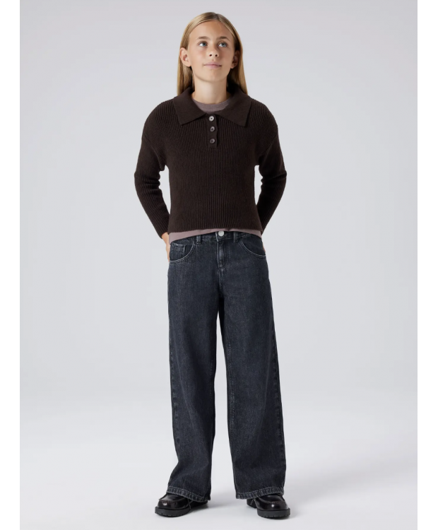Name it langærmet strik polo i brun til piger
