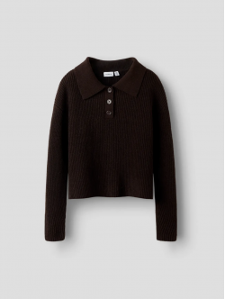 Name it langærmet strikpolo i brun til piger