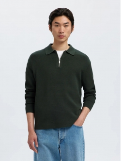 Selected relaxed half zip Polo i Deep Forest til herre