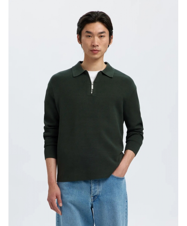 Selected relaxed half zip Polo i Deep Forest til herre - OUTLET