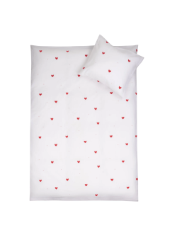 Baby sengetøj 100% bomuld - 70x100 cm - Hvidt sengesæt med fine røde hjerter - Nordstrand Home blødt dynebetræk