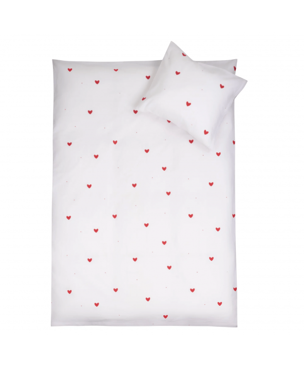 Baby sengetøj 100% bomuld - 70x100 cm - Hvidt sengesæt med fine røde hjerter - Nordstrand Home blødt dynebetræk