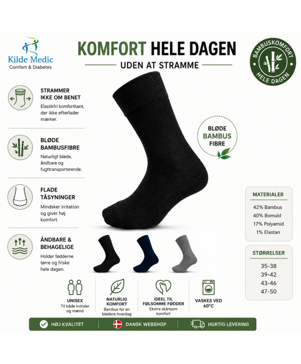 Kilde Comfort & Diabetes, Bambus Strømper I Sort. Unisex