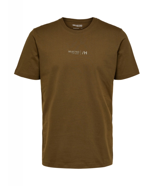 Selected Boris printet T-shirt i dark olive med rund hals til herre- OUTLET