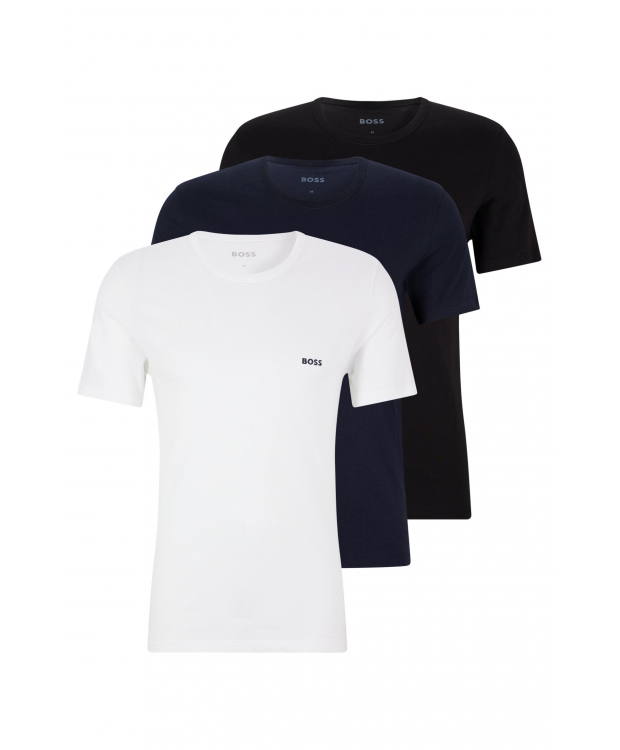 Se BOSS 3pak T-shirts med økologisk bomuld i hvid, mørkeblå og sort til herre. hos Sokkeposten.dk