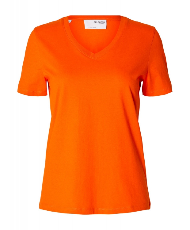Se Selected klassisk t-shirt med v-hals i orangeade til kvinder hos Sokkeposten.dk