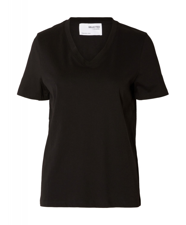 Se Selected klassisk t-shirt med v-hals i sort til kvinder hos Sokkeposten.dk