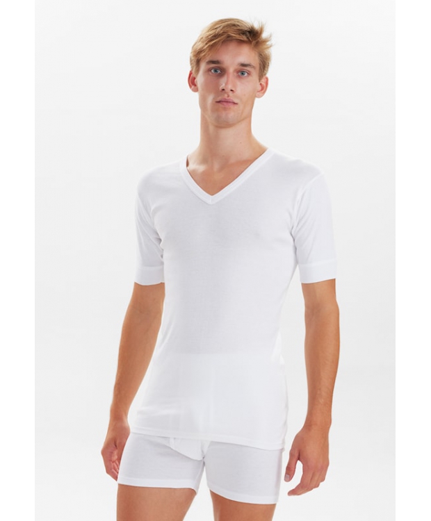 Se JBS bomulds t-shirt i hvid med V-hals til herre hos Sokkeposten.dk