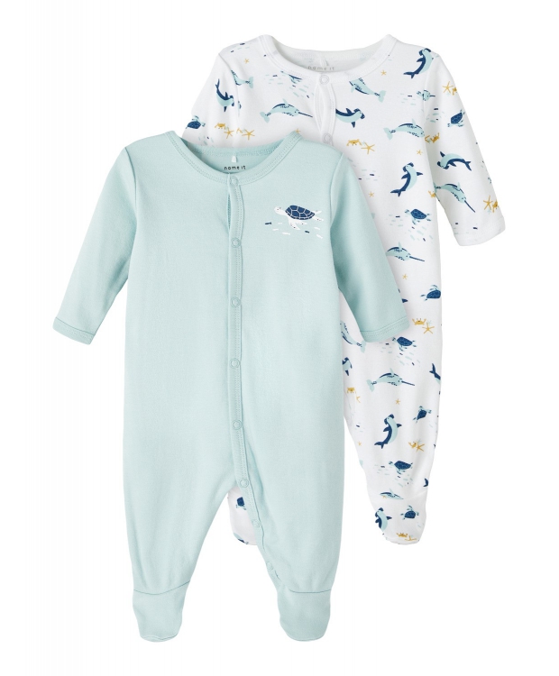 Name it 2-pak pyjamas dragt i hvid & blå m. dyre motiv til børn