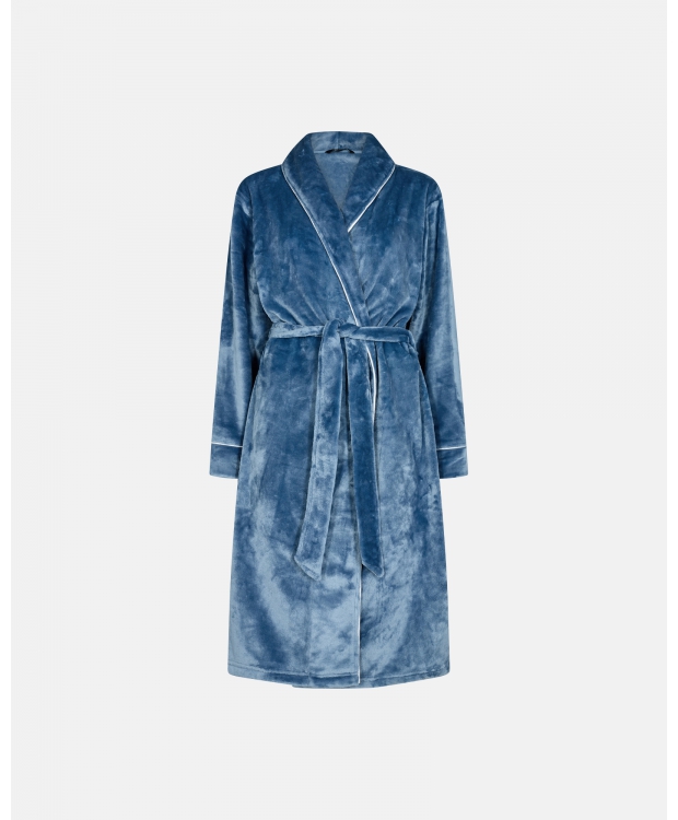 DECOY Lang Morgenkåbe med Piping i Velour til Kvinder i Blå