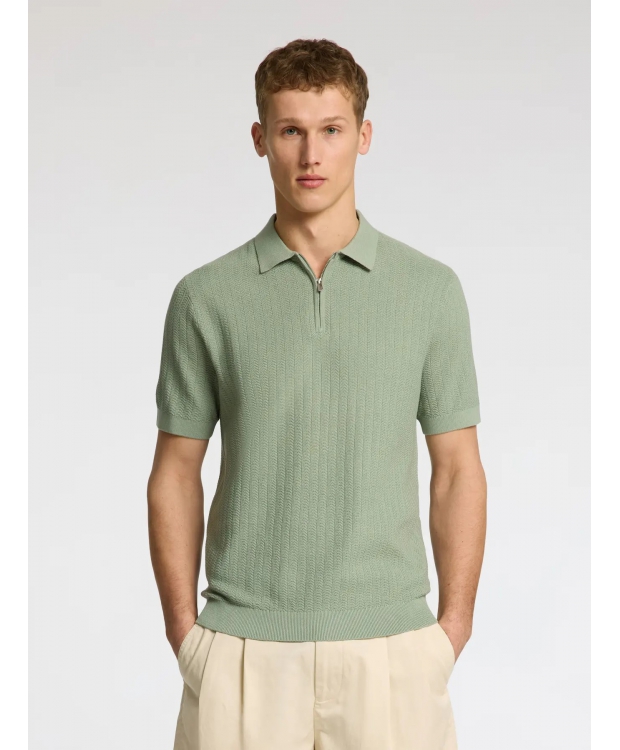 Selected kortærmet polo, økologisk bomuld, i støvet grøn til herre.