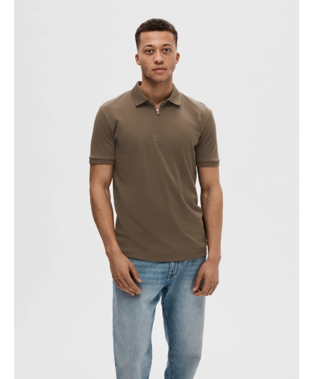 Selected Homme polo t-shirt med lynlås i Morel brun til herre