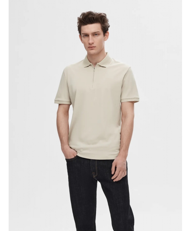 Selected Homme polo t-shirt med lynlås i Oatmeal beige til herre