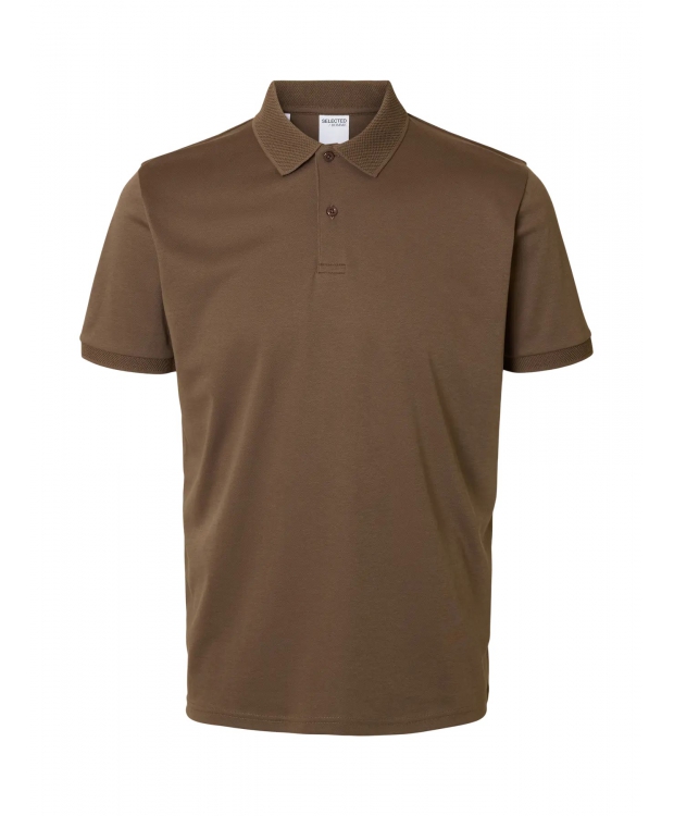 Selected strikket kortærmet polo, i brun til herre.
