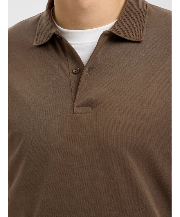 Selected strikket kortærmet polo, i brun til herre. billede 6