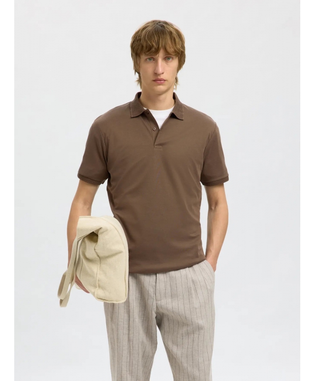Selected strikket kortærmet polo, i brun til herre. billede 7