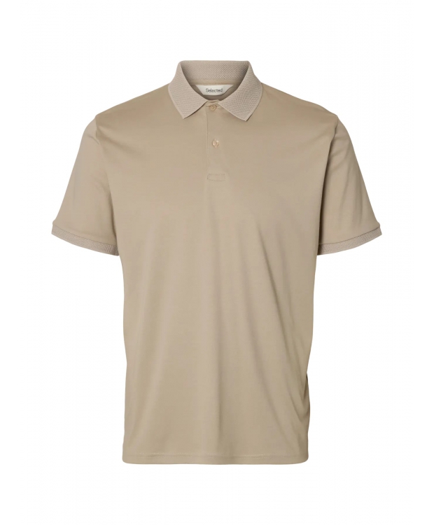 Selected strikket kortærmet polo, i beige til herre.