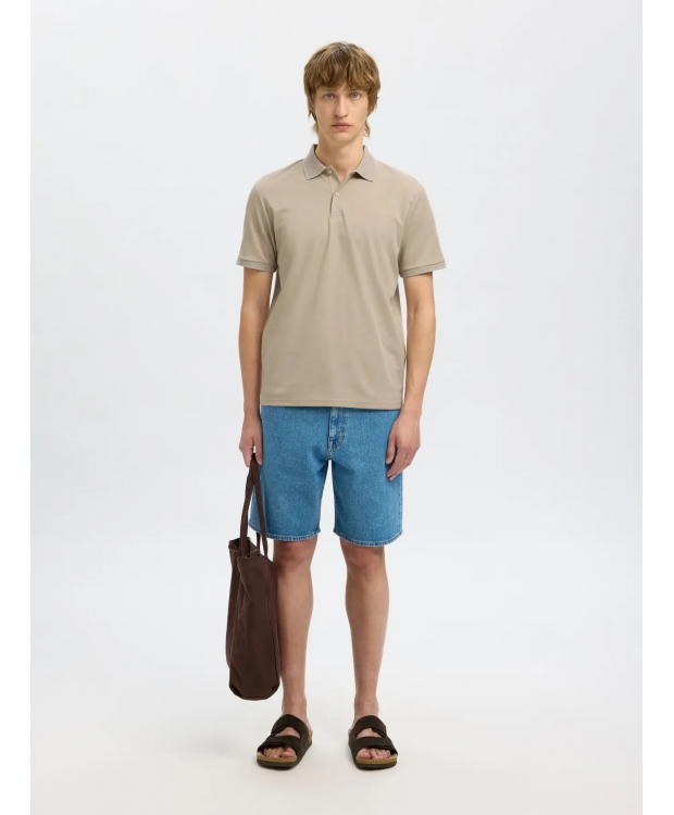 Selected strikket kortærmet polo, i beige til herre. billede 5