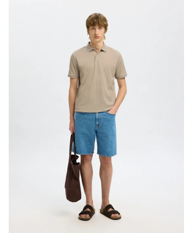 Selected strikket kortærmet polo, i beige til herre. billede 6