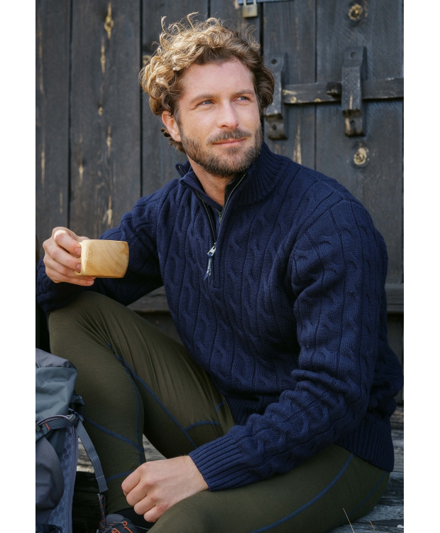 Dovre Knitted Zip Pullover i Navy Unisex