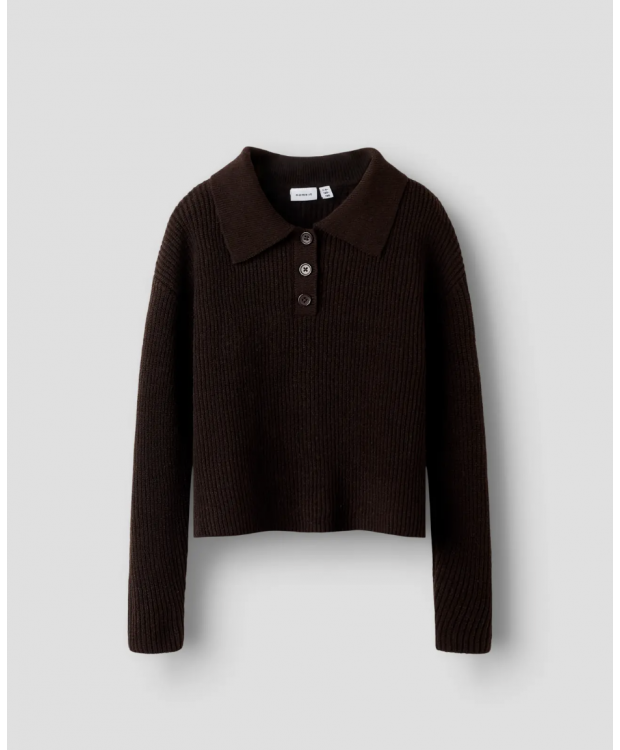 Name it langærmet strik polo i brun til piger
