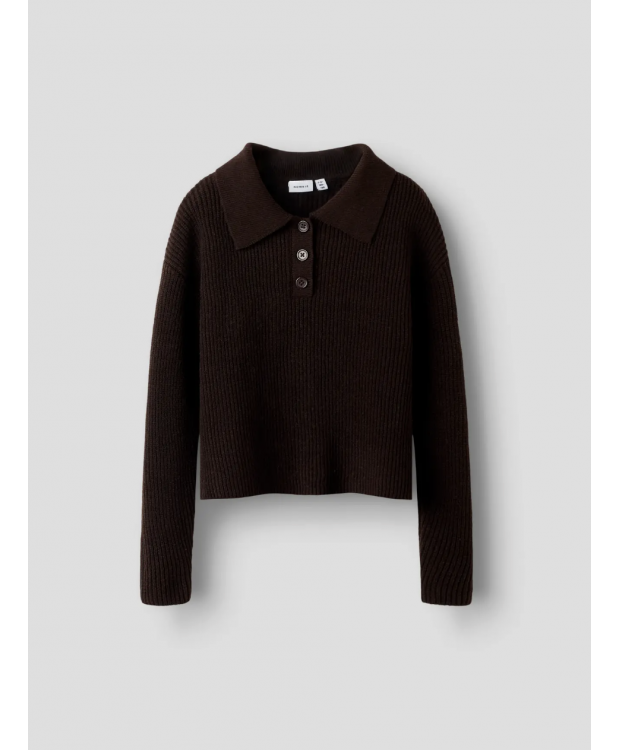 Name it langærmet strikpolo i brun til piger