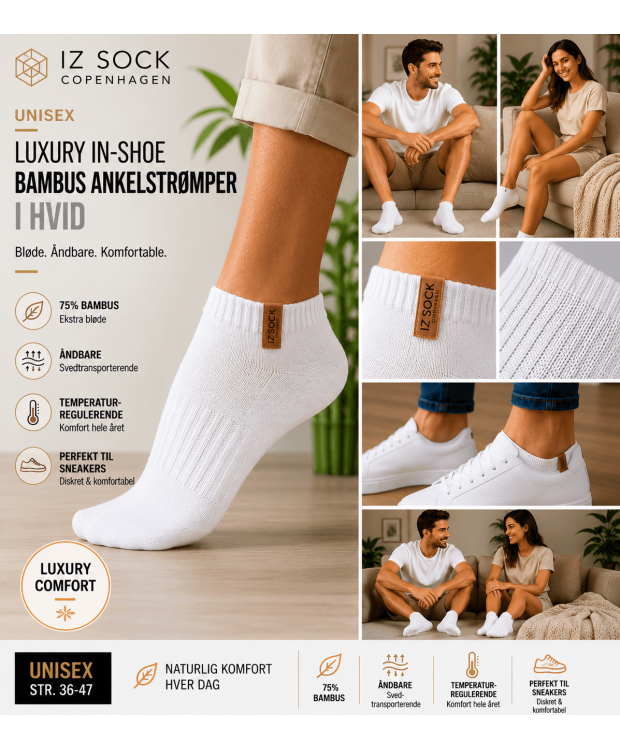 iZ Sock In-Shoe bambus-ankelstrømper i hvid til dame og herre billede 2