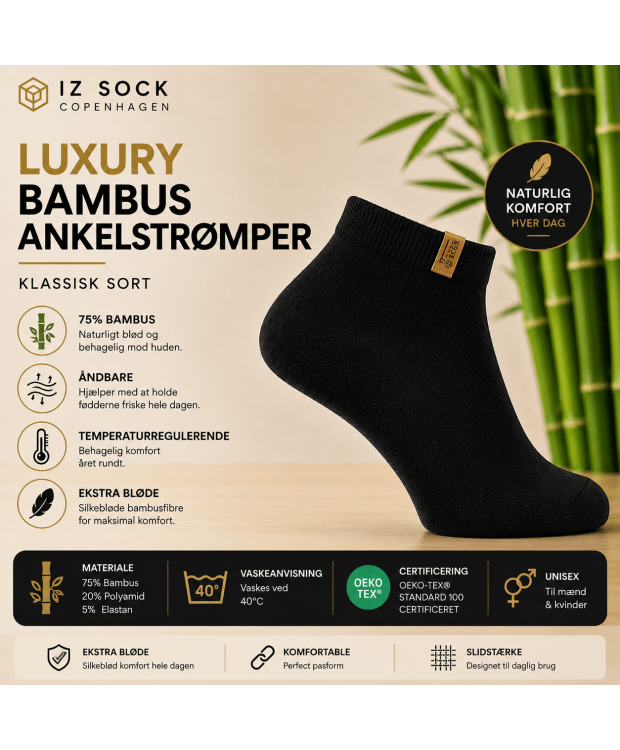 iZ Sock Luxury bambus-ankelstrømper sort unisex – 35–49 billede 2
