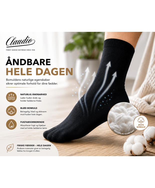 Claudio klassiske bomuldsstrømper sort herre 40–47 billede 2