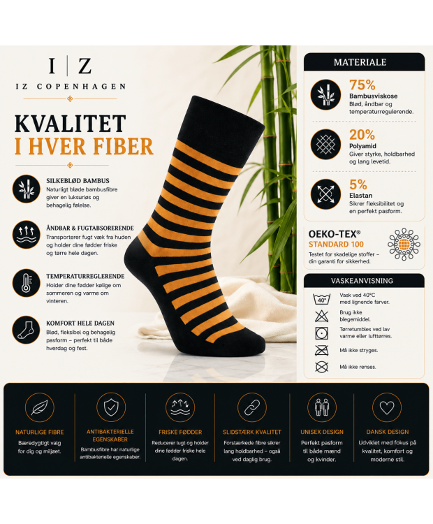 iZ Sock stribede bambusstrømper sort/orange unisex – OUTLET billede 5