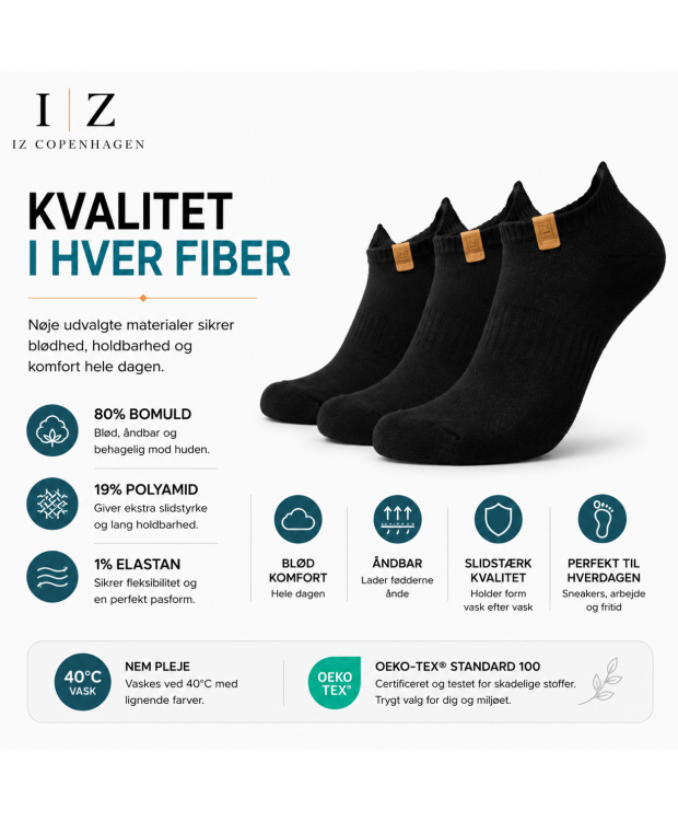 IZ Sock 3-pak sorte bomuldsankelstrømper – unisex billede 2