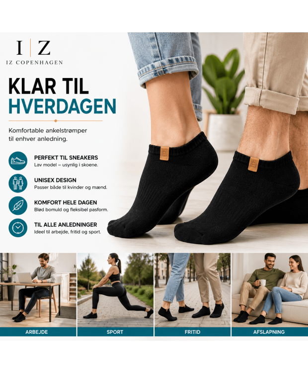 IZ Sock 3-pak sorte bomuldsankelstrømper – unisex billede 3