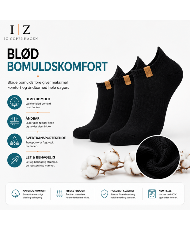 IZ Sock 3-pak sorte bomuldsankelstrømper – unisex billede 4