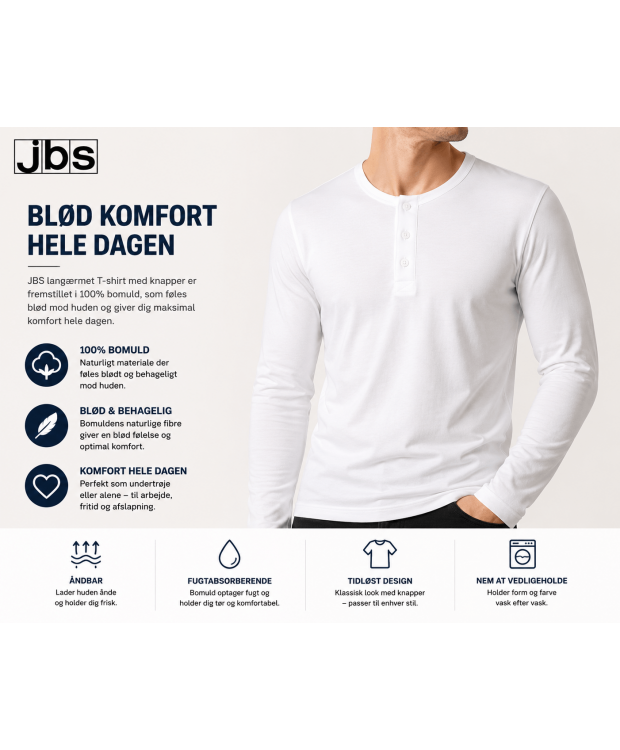 JBS langærmet T-shirt hvid med knapper til herre – 100 % bomuld billede 2