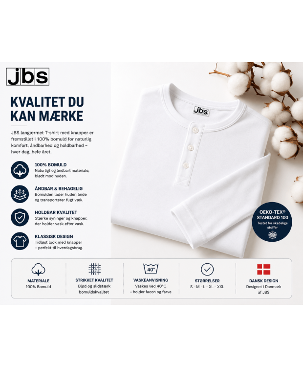 JBS langærmet T-shirt hvid med knapper til herre – 100 % bomuld billede 3
